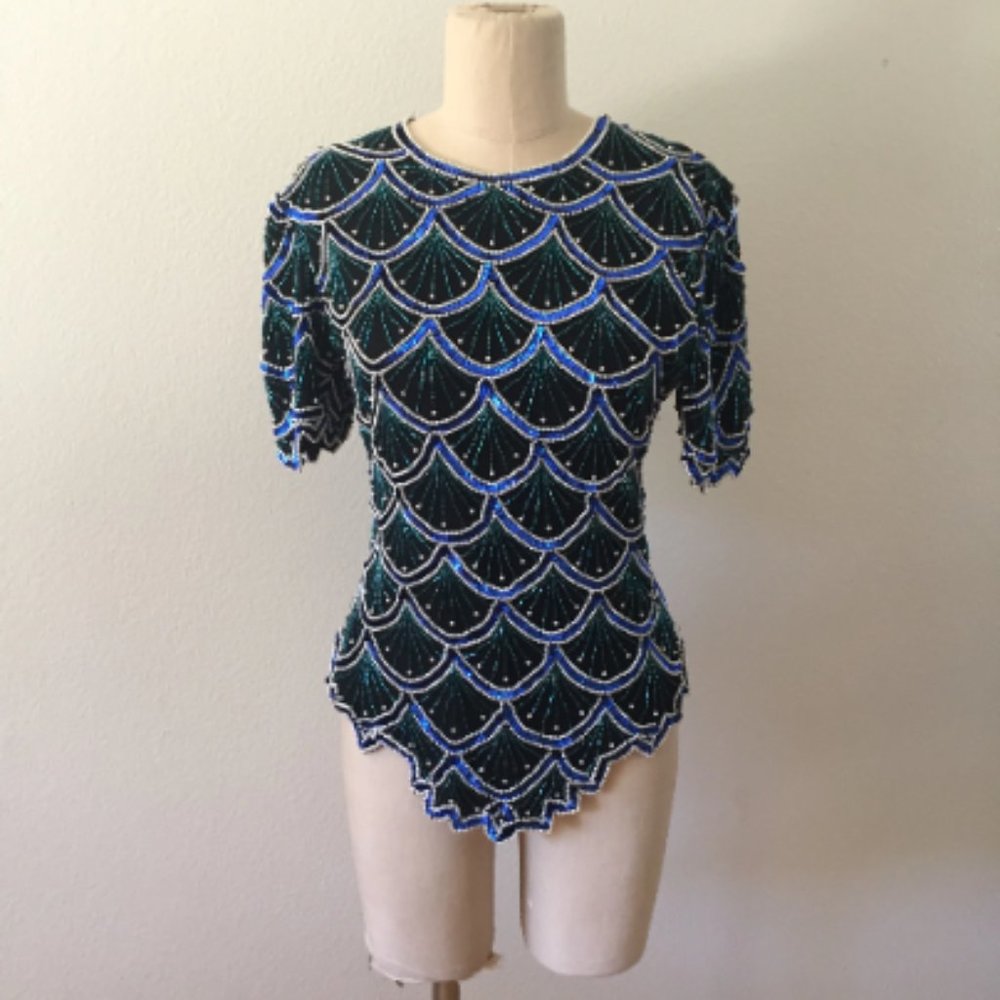 Vintage Mermaid Silk Beaded Sequin Blouse Laurence Kazar - Size Small